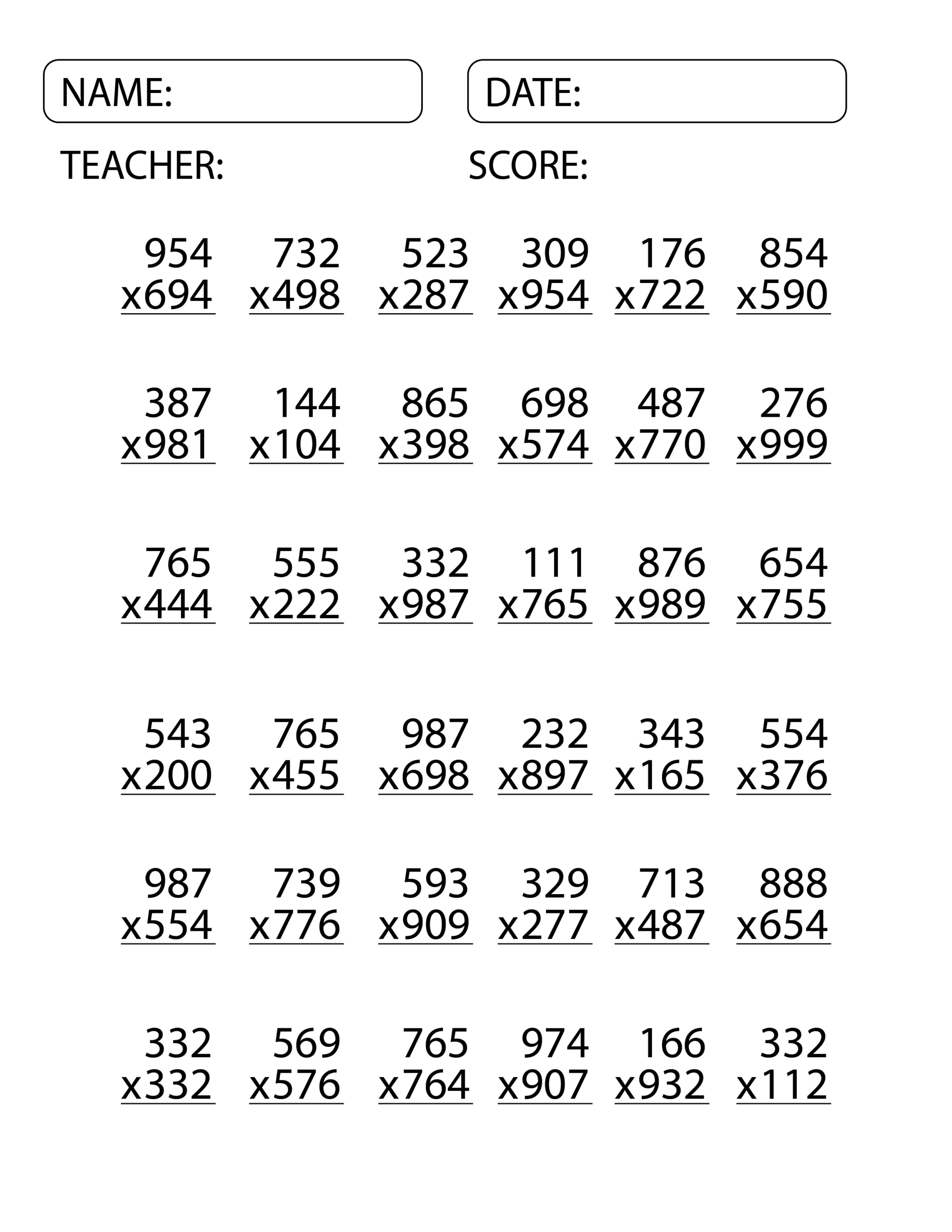 3 Digit By 3 Digit Multiplication Worksheets Exam Math Multiplication Made By Teachers