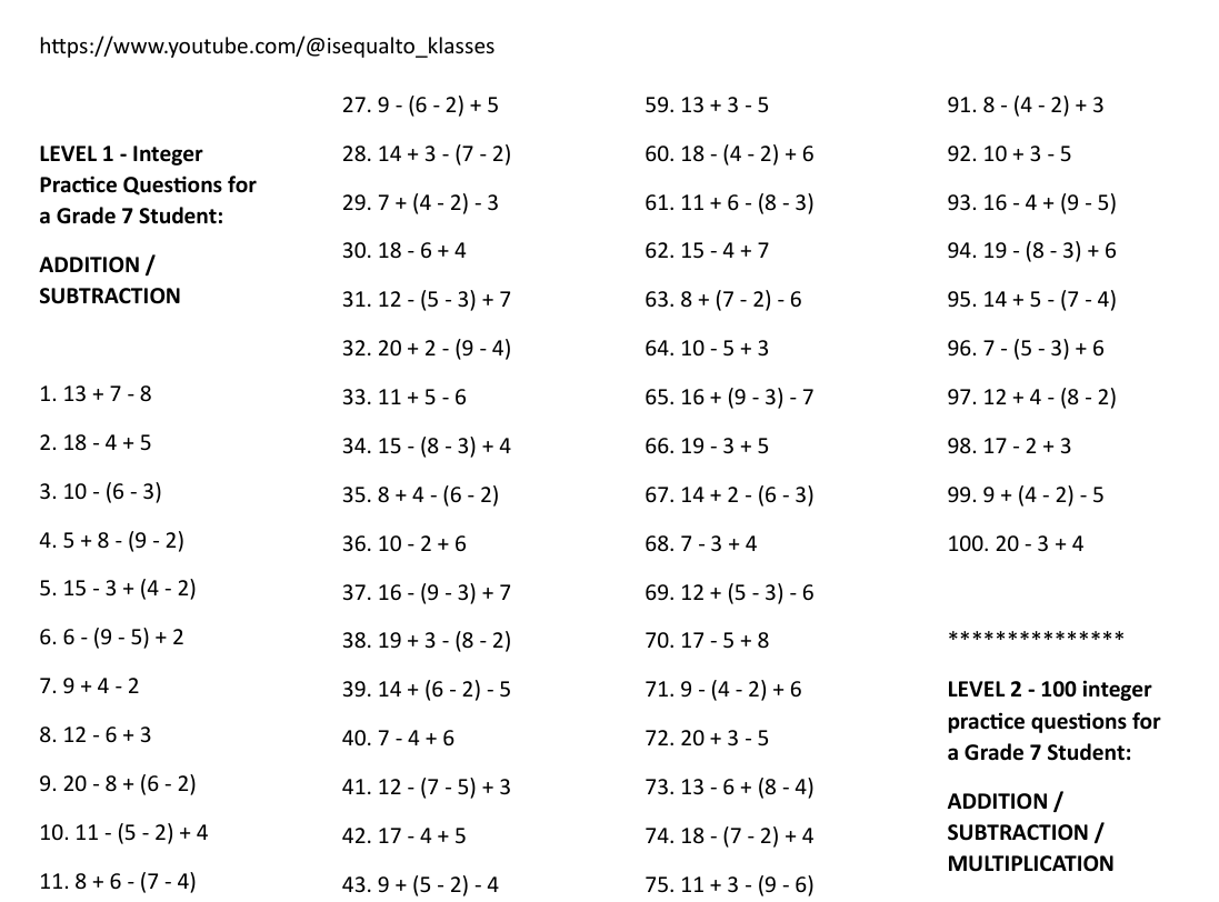 integer practice worksheet