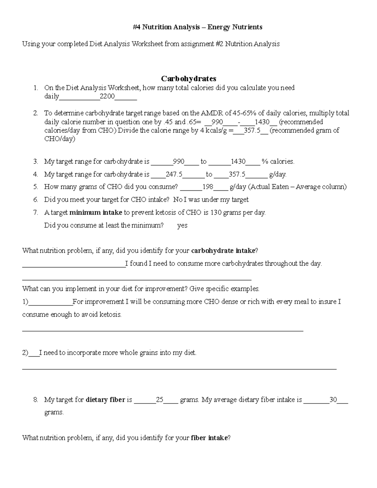 4 Nutrition Analysis Worksheet Energy Nutrients Evaluation Studocu