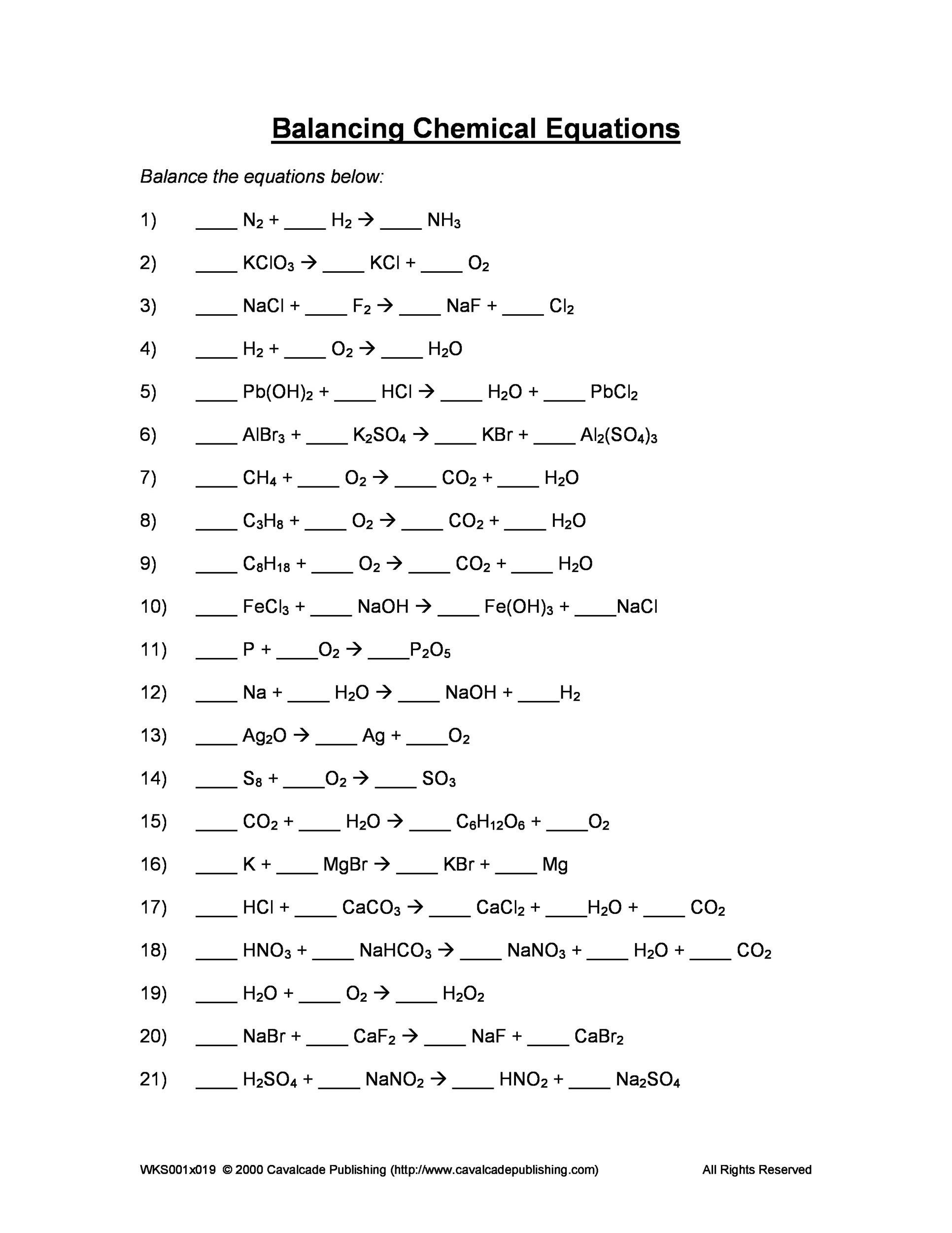 49 Balancing Chemical Equations Worksheets with Answers