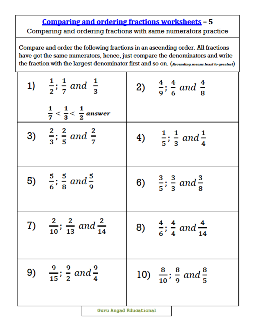 4TH GRADE MATH ORDERING FRACTIONS WITH SAME NUMERATORS WORKSHEETS PeakD
