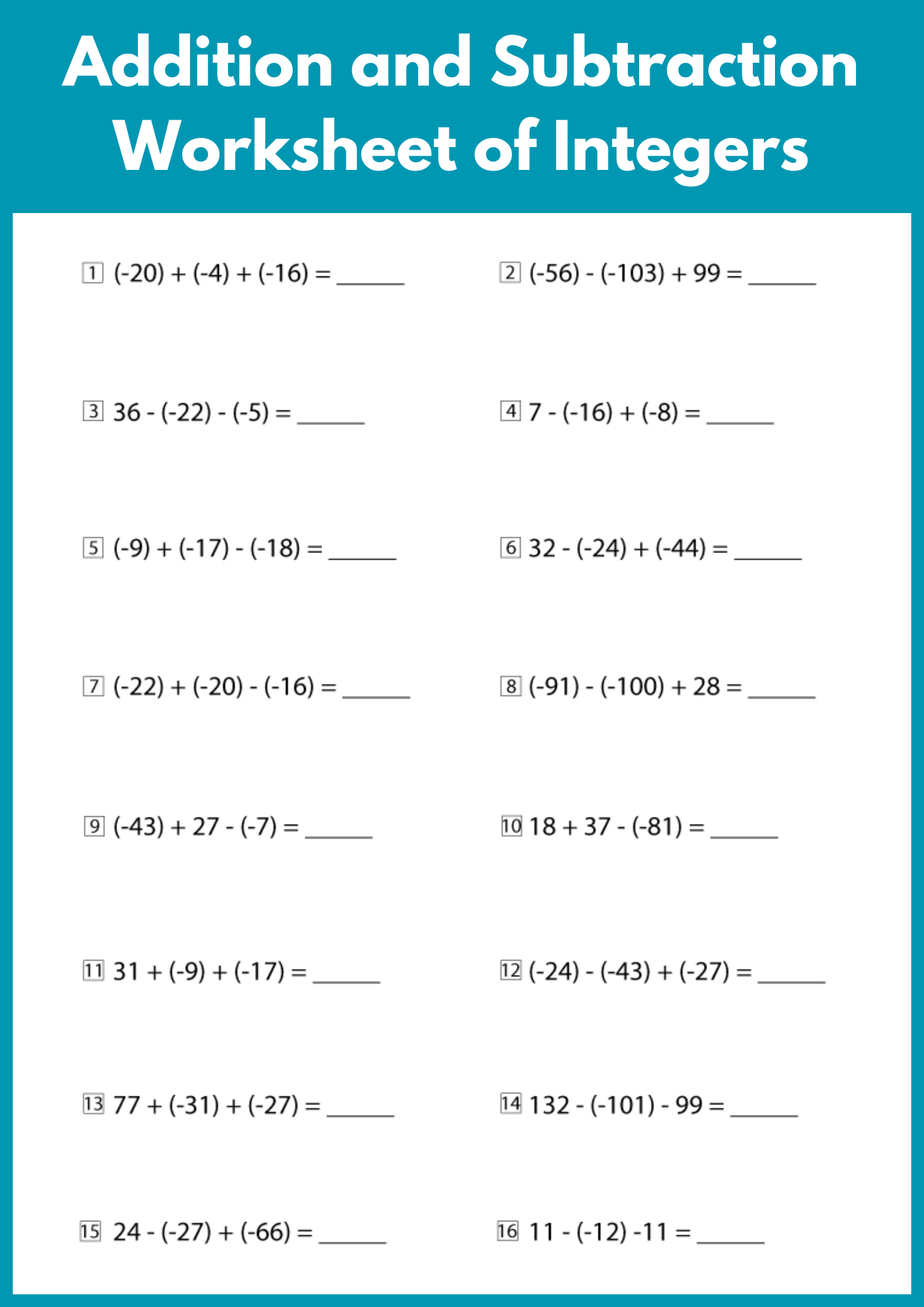 adding and subtracting integers worksheet pdf