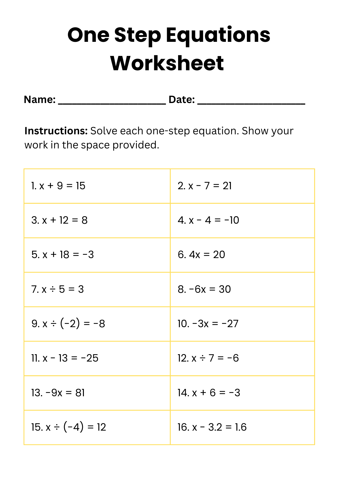 50 Free Printable One Step Equations Worksheet To Download In PDF