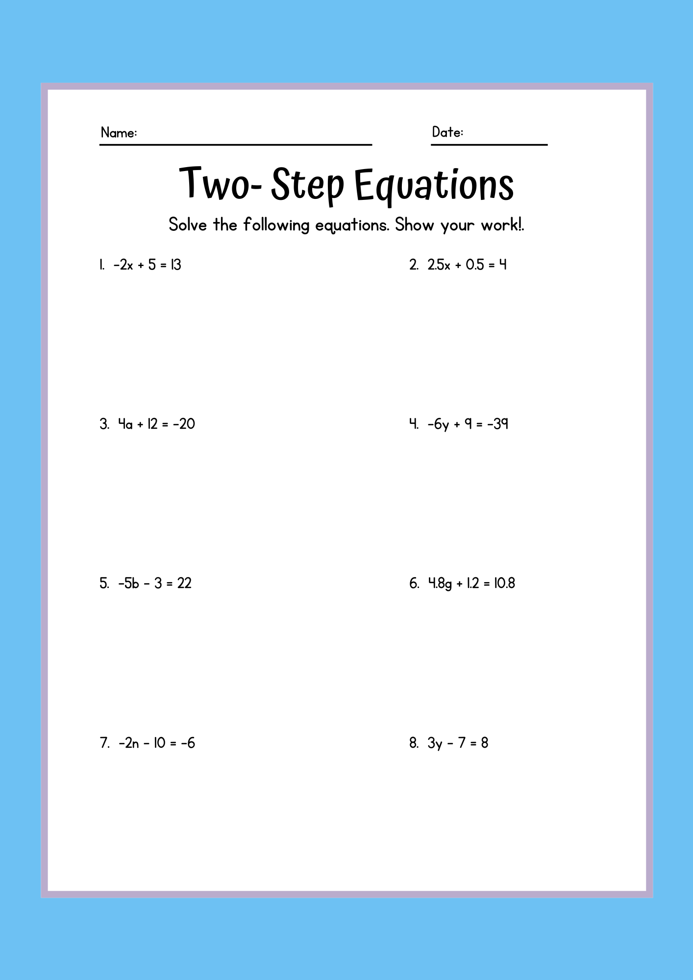 2 step equations worksheets
