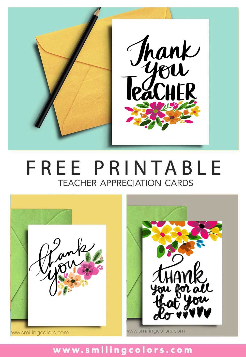 6 FREE Thank You Teacher Printable Cards Smiling Colors