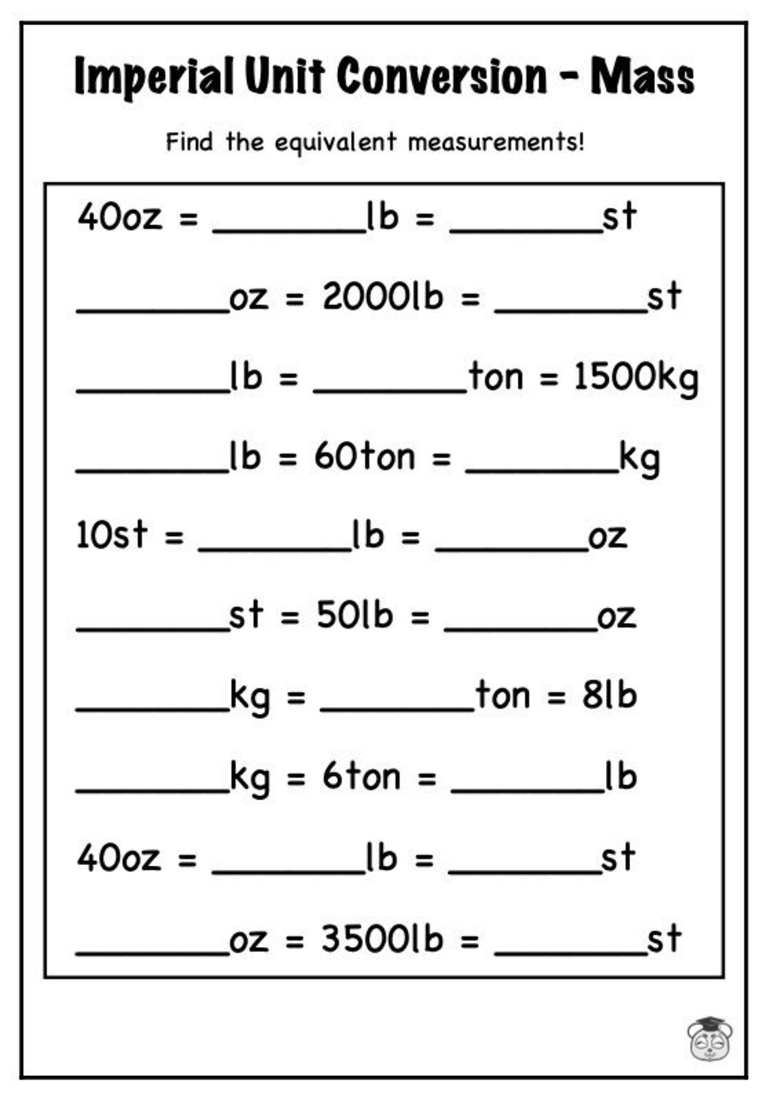 7 Page Printable Exploring Imperial Mass Conversion Worksheet Solve Compare Convert Units ages 6 11 Etsy