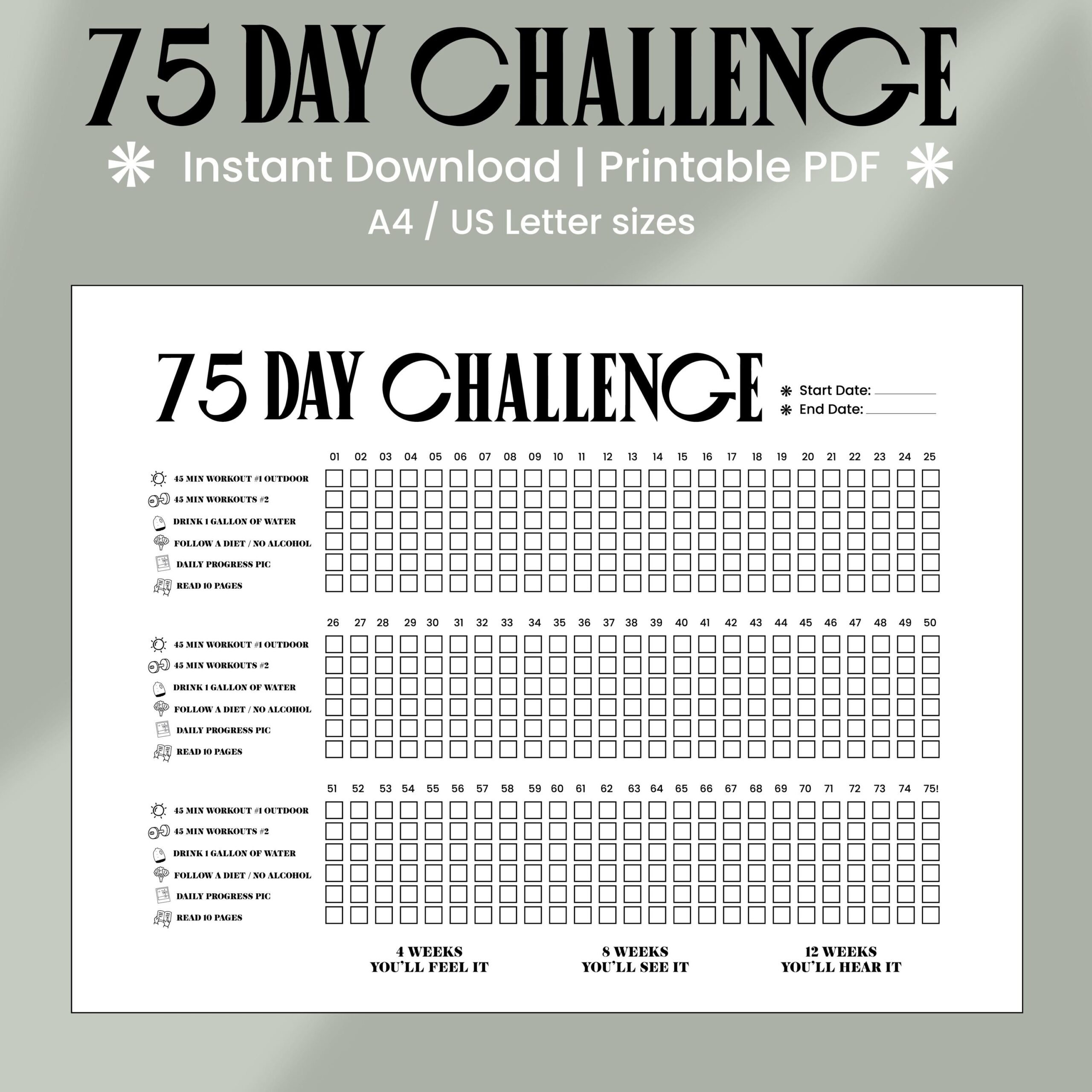 75 Day Challenge Printable PDF 75 Day Tracker 75 Day Checklist 75 Day Printable Habit Checklist Printable Tracker Etsy