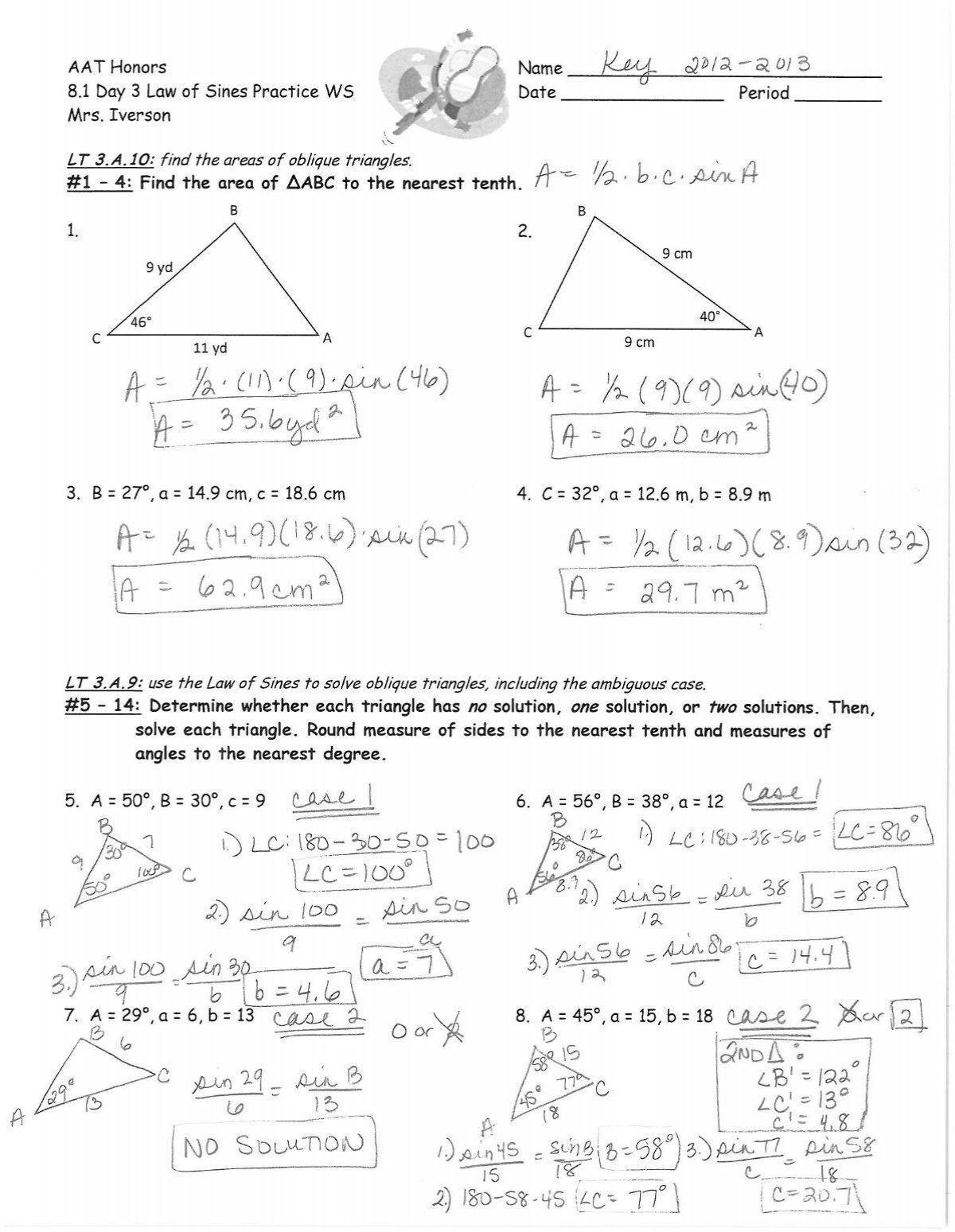 8 1 Day 3 Law Of Sines Practice WS Answer Key 2012 2013 pdf