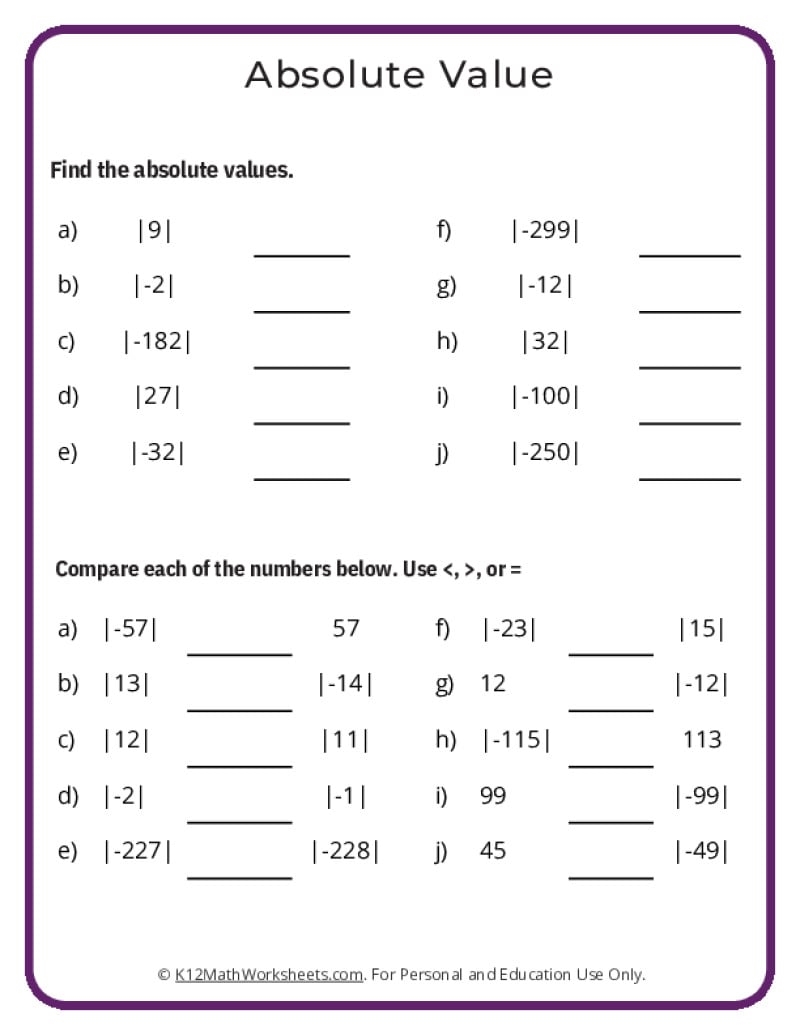 Absolute Value Worksheets Absolute Value Worksheets