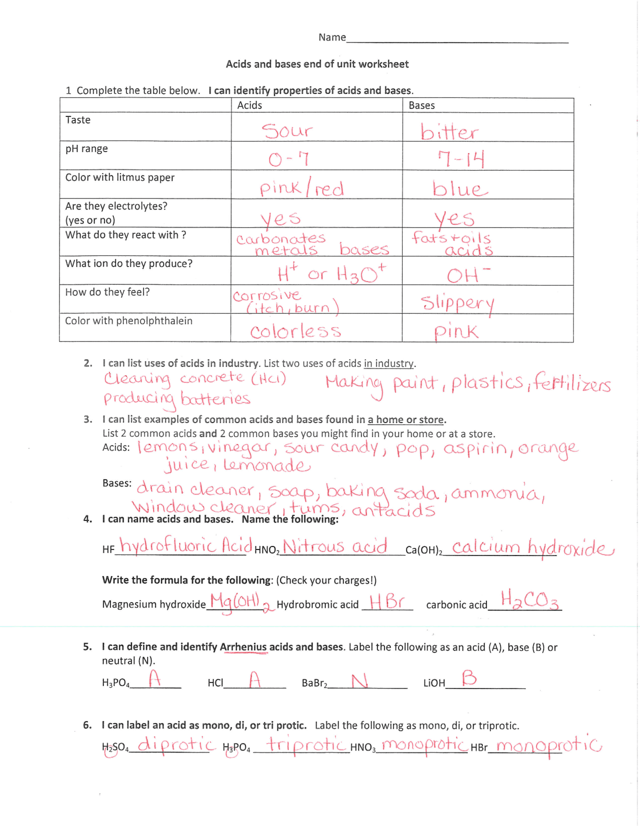 Acid And Bases Unit Worksheet With Answers Exercises Chemistry Docsity