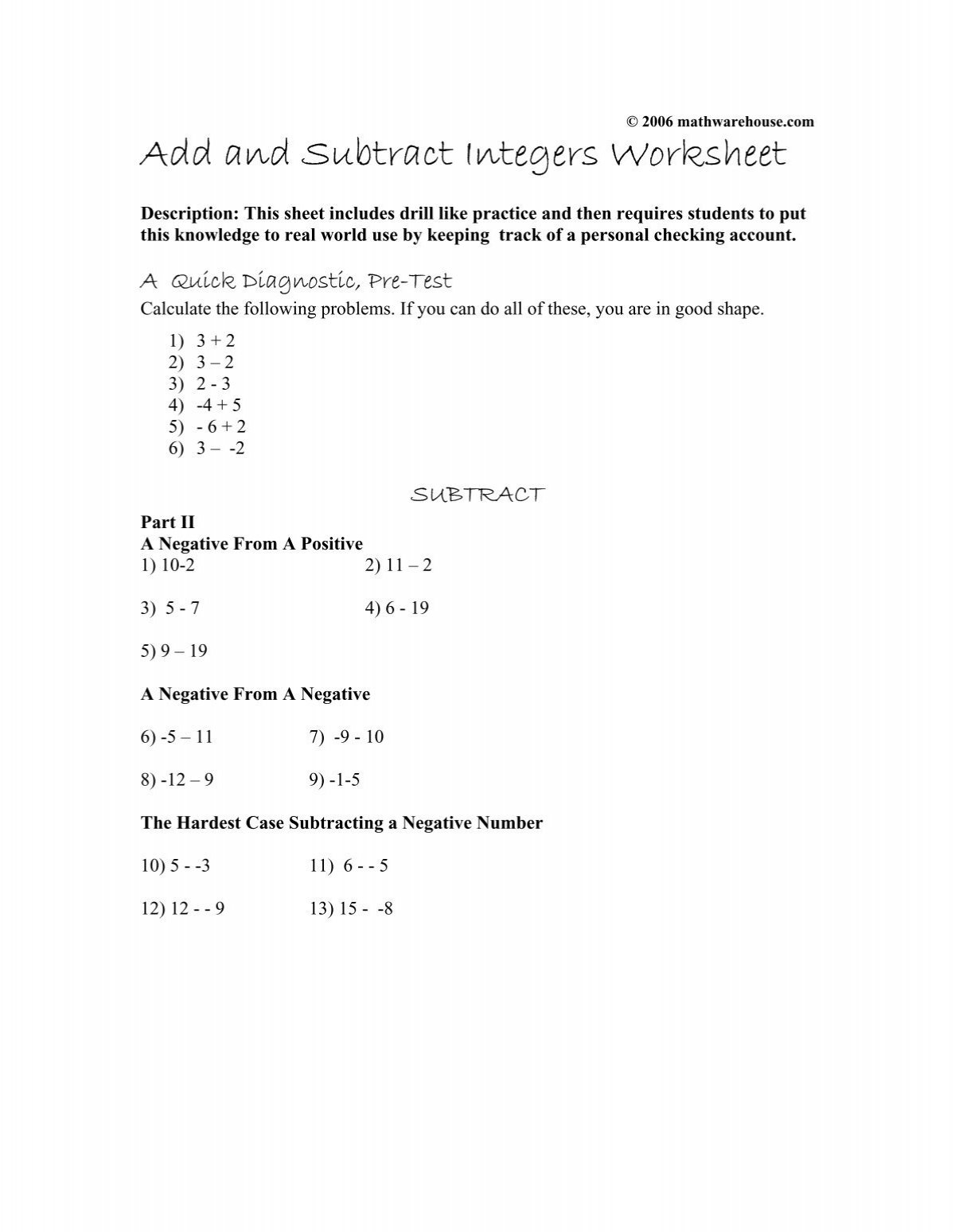 Add And Subtract Integers Worksheet Math Warehouse
