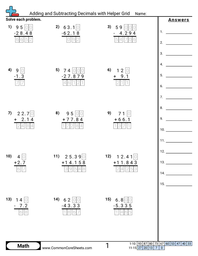 Adding And Subtracting Decimals With Helper Grid Worksheet Download