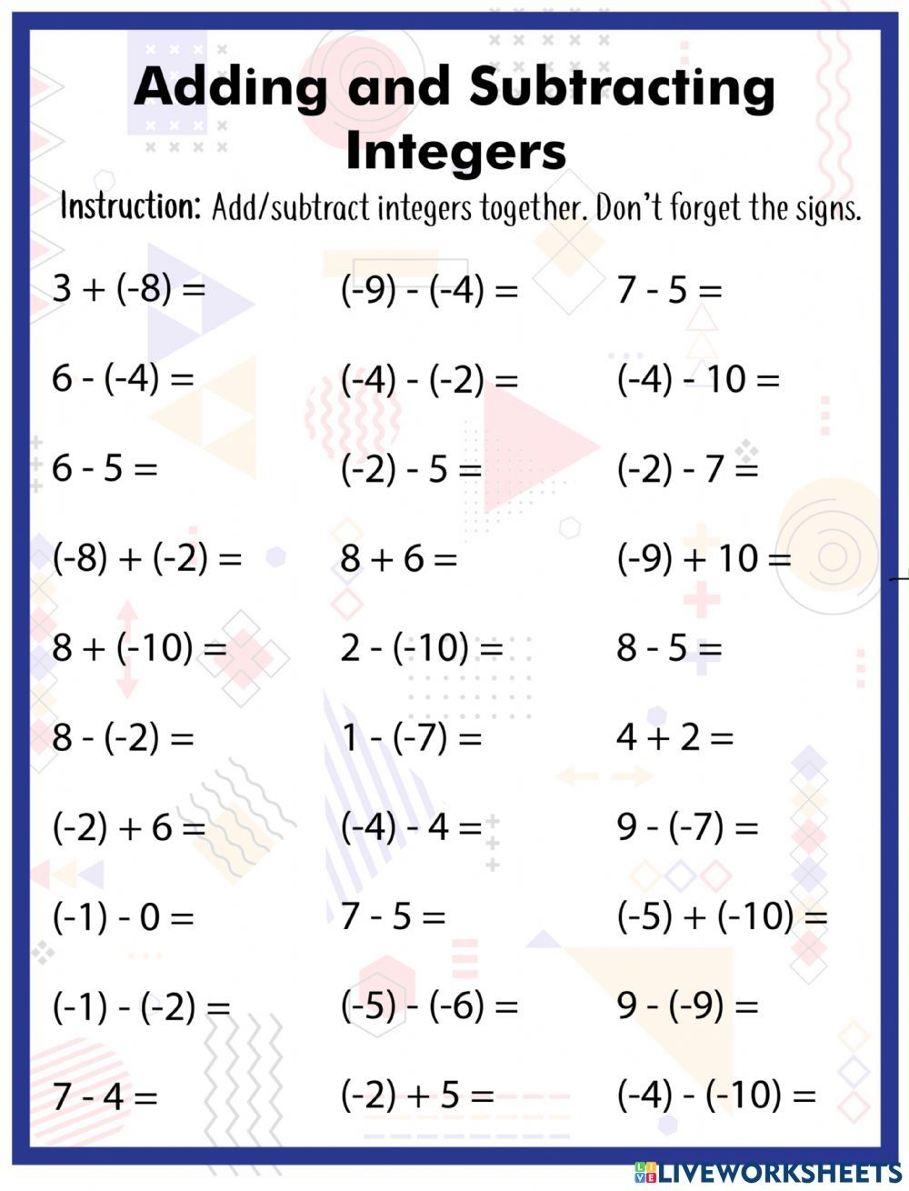 Adding And Subtracting Integers 3rd Grade