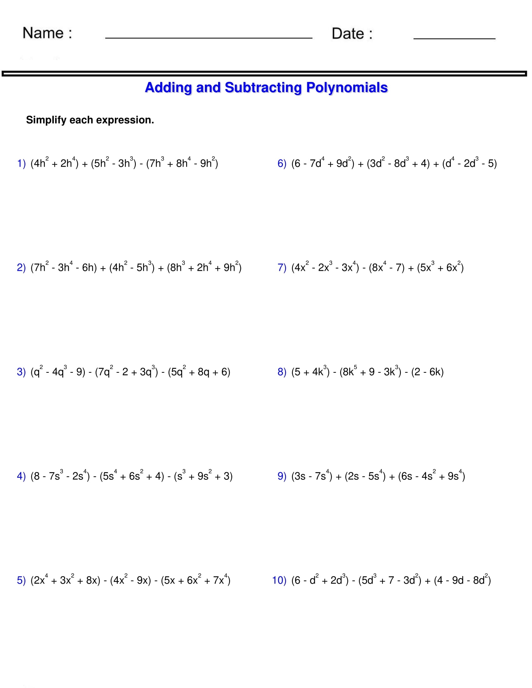 Adding And Subtracting Polynomials Worksheet 3 Polynomials Made By Teachers