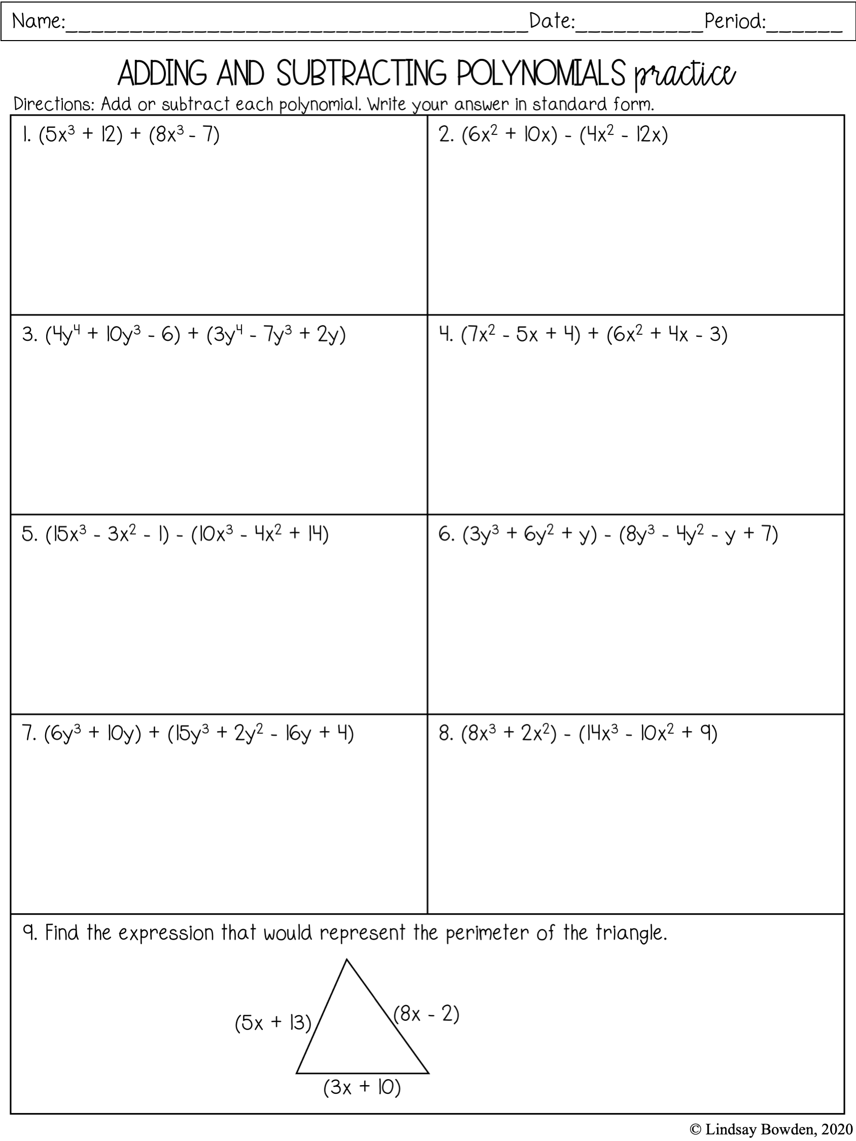 Adding And Subtracting Polynomials Worksheet Practice Problems And Solutions