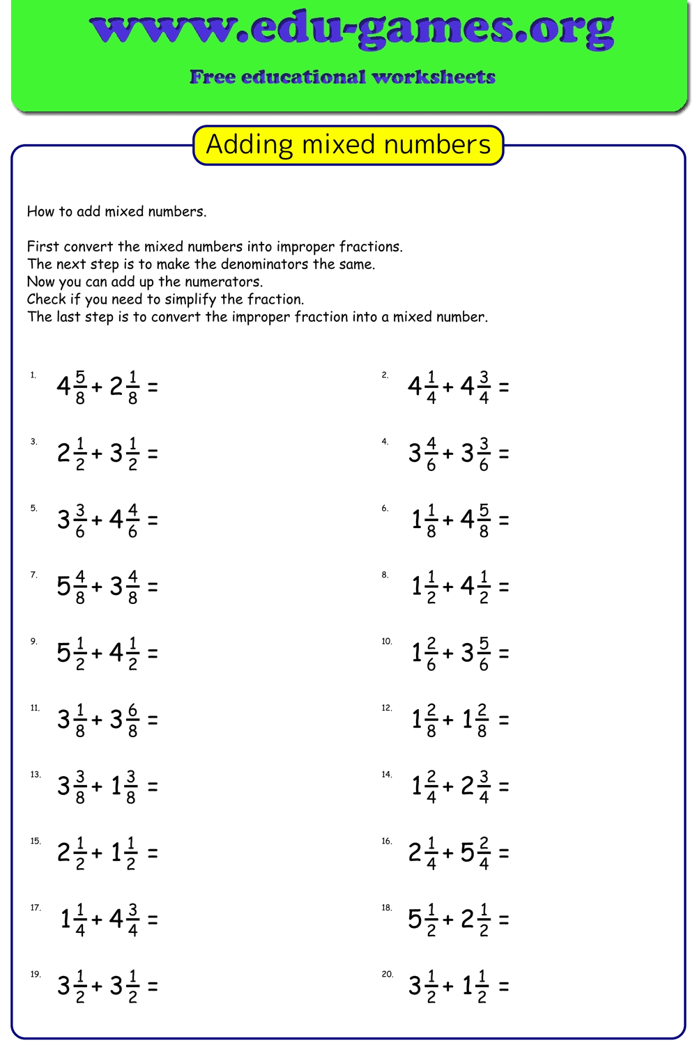 Adding Mixed Numbers Worksheet Edu Games
