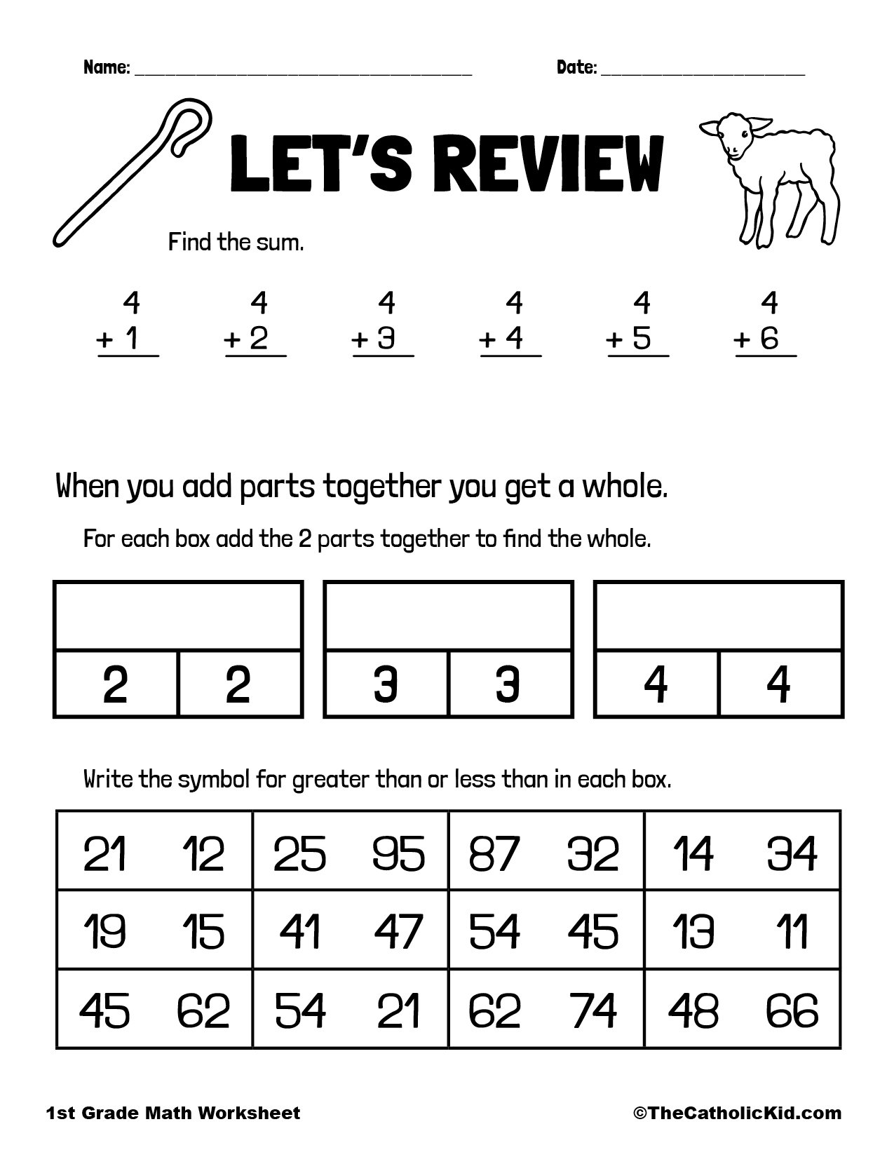 Addition GTLT Review 1st Grade Math Worksheet Catholic TheCatholicKid