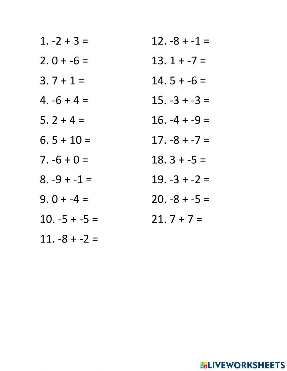 Addition Of Integers Interactive Worksheet Worksheets Library