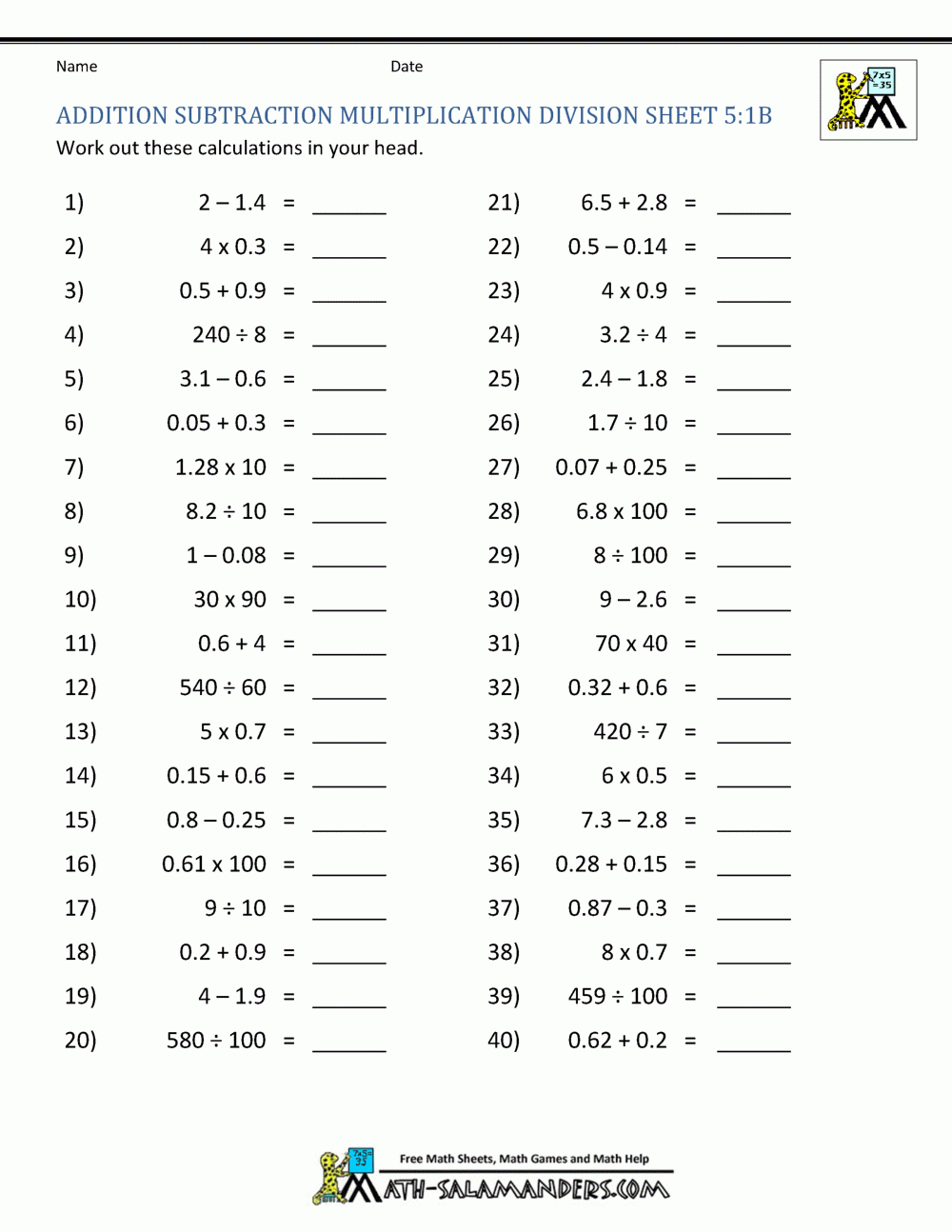 5th grade multiplication and division worksheets