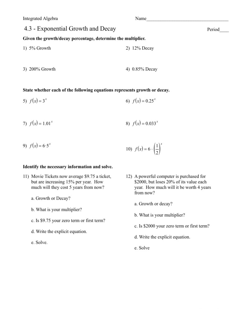 Algebra 2 Exponential Growth And Decay Worksheet Shop Worksheets Library