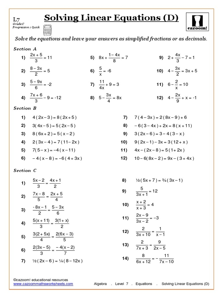 Algebra Level 7 Equations Solving Linear Equations D PDF Worksheets Library