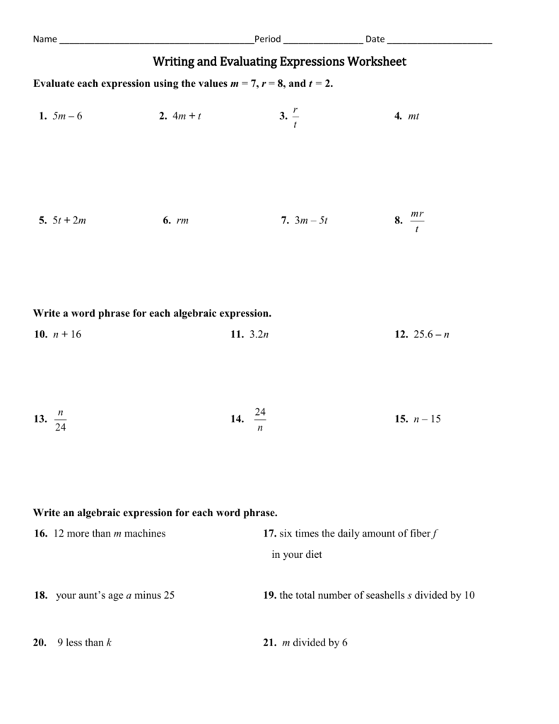 Algebraic Expressions Worksheet Evaluate Write