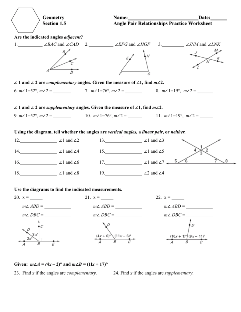 Angle Pair Relationships Geometry Worksheet Angle Pair Relationships Geometry Worksheet