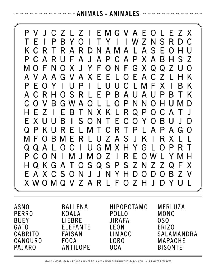  Animals In Spanish Word Search A Free PDF Puzzle About Animals Worksheets Library