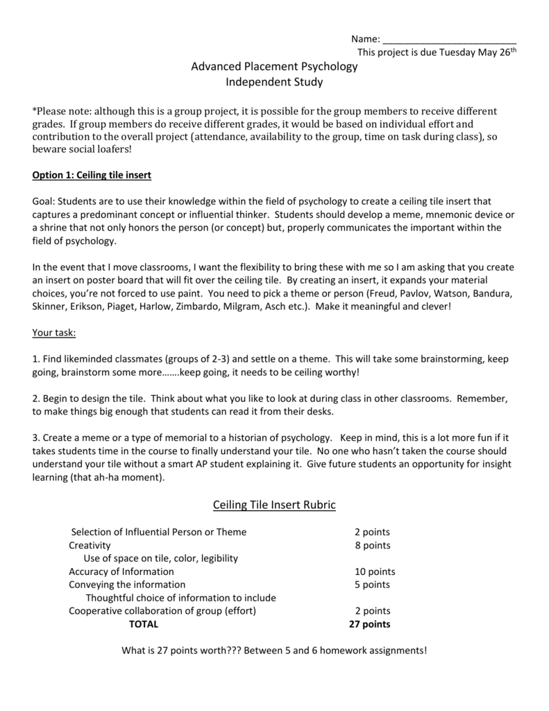 AP Psychology Independent Study Project Options