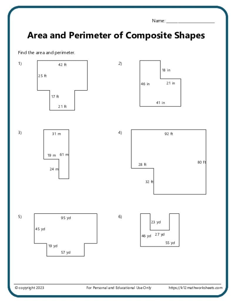 Area And Perimeter Of Composite Shapes K12 Math Worksheets