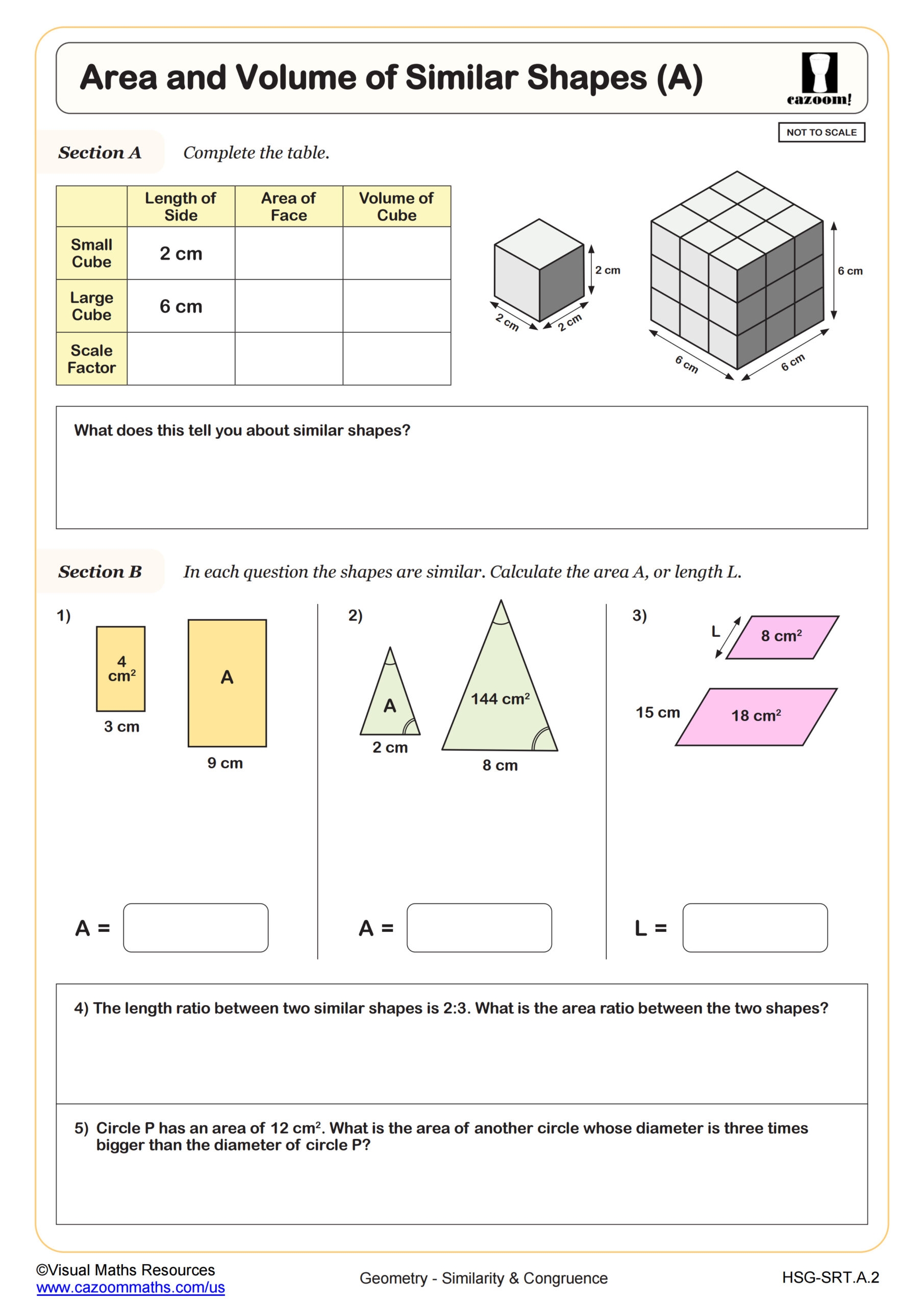 Area And Volume Of Similar Shapes A Worksheet Geometry PDF Worksheets Cazoom Math