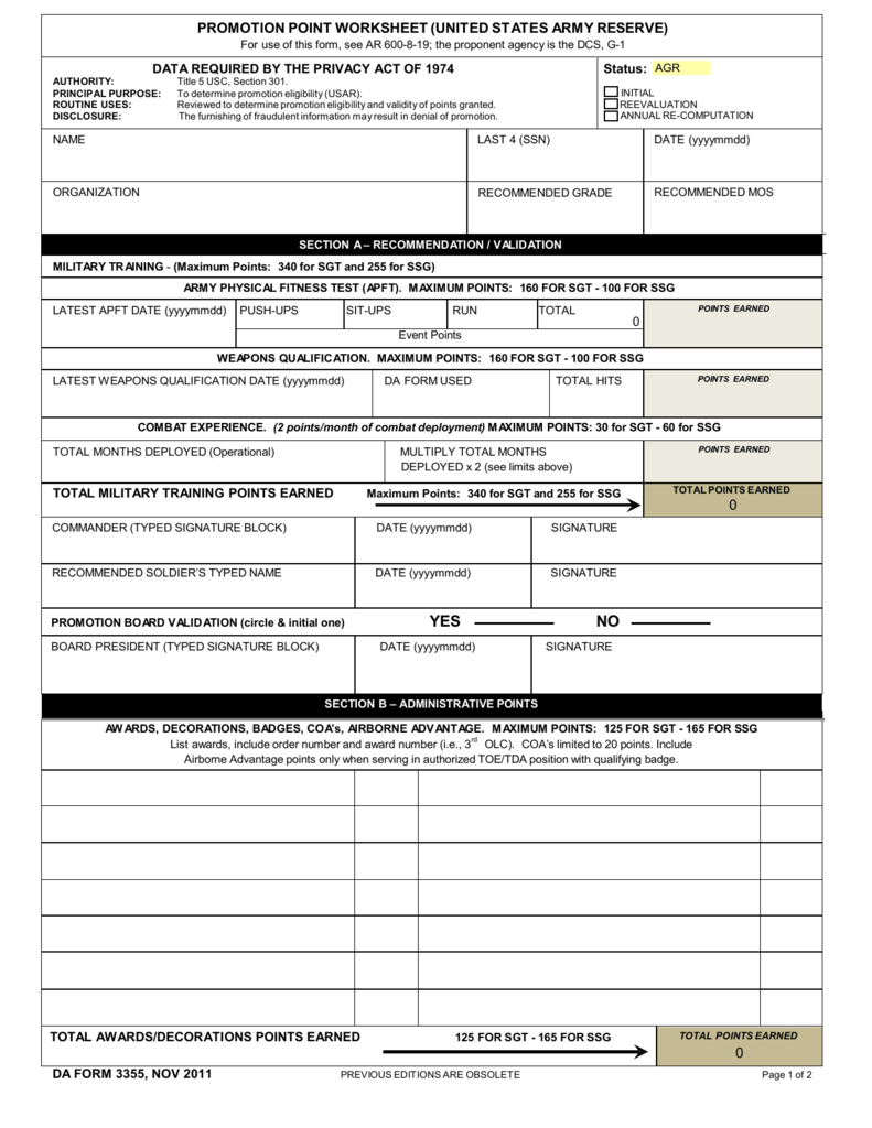Army Reserve Promotion Point Worksheet