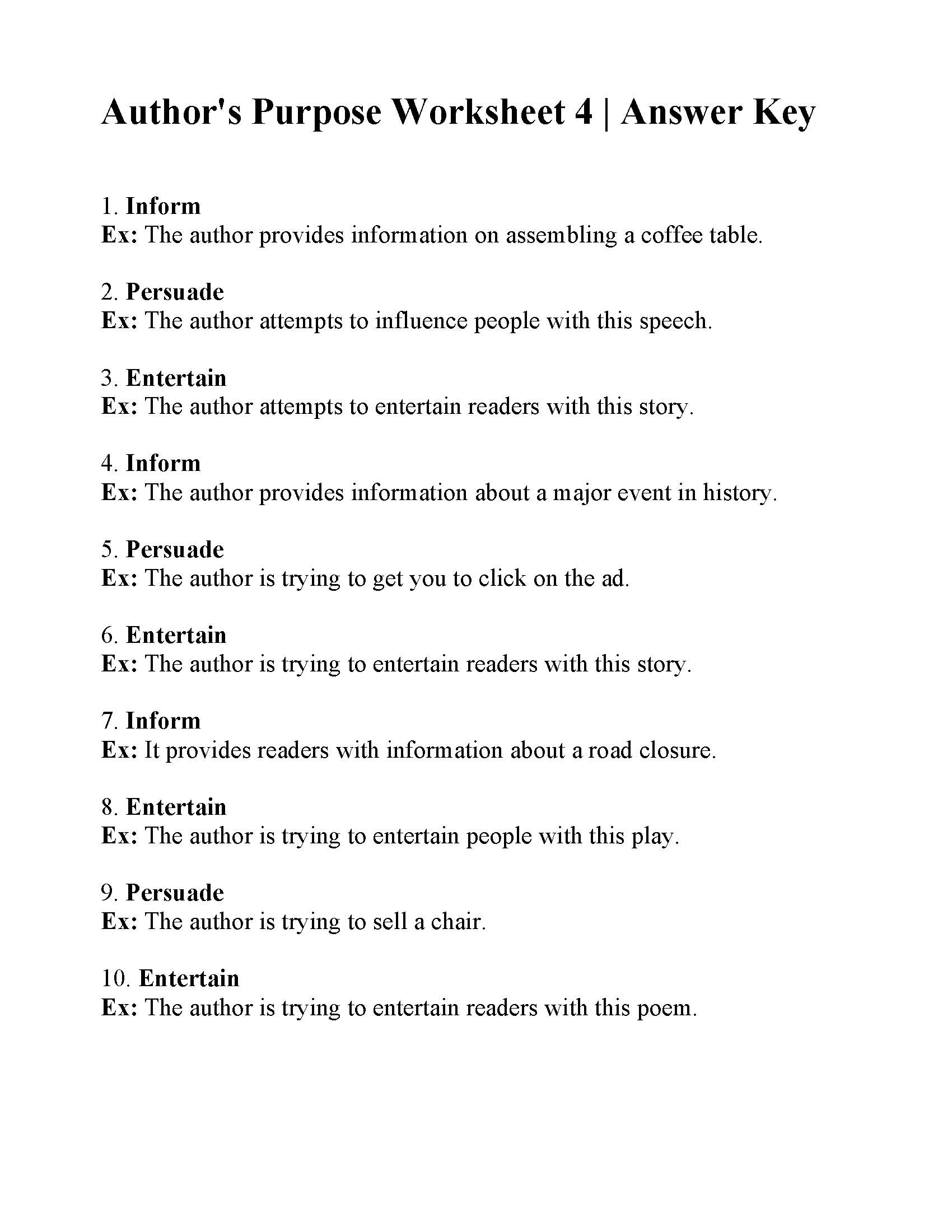 Author s Purpose Worksheet 4 Reading Activity