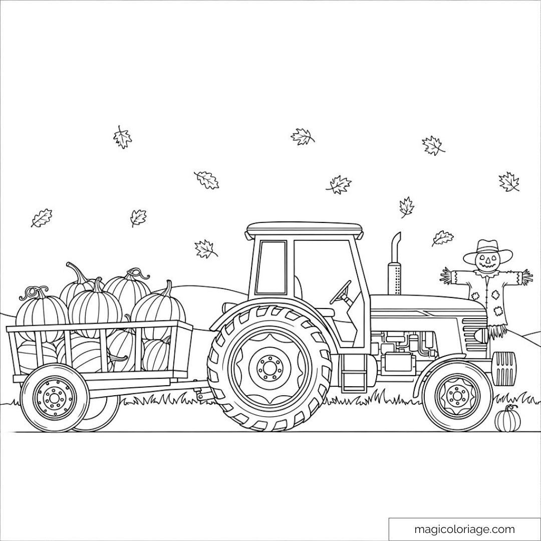 Autumn Tractor Coloring Page With Pumpkins And Scarecrow Autumn Tractor Coloring Page With Pumpkins And Scarecrow
