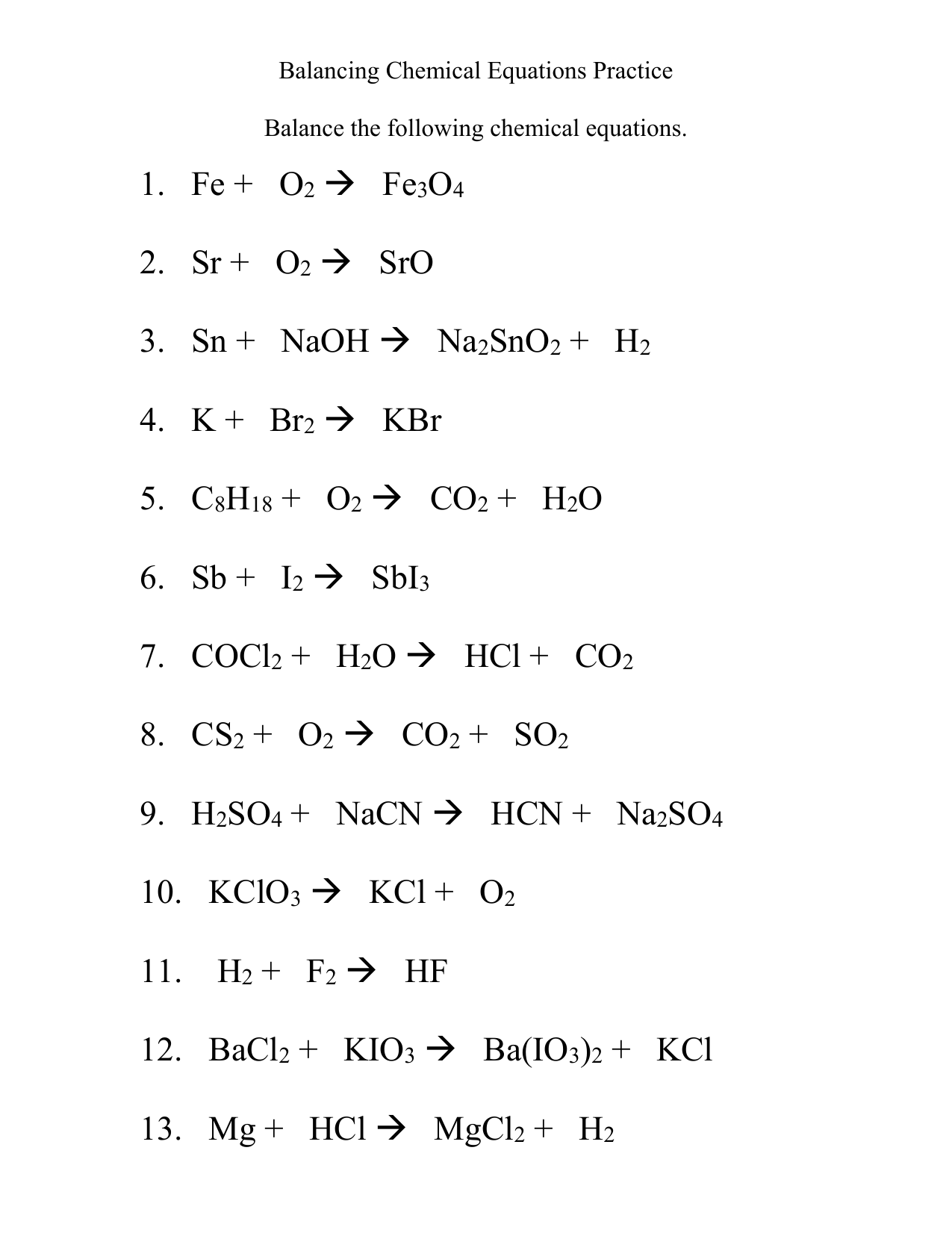 Balancing Chemical Equations Practice Worksheet