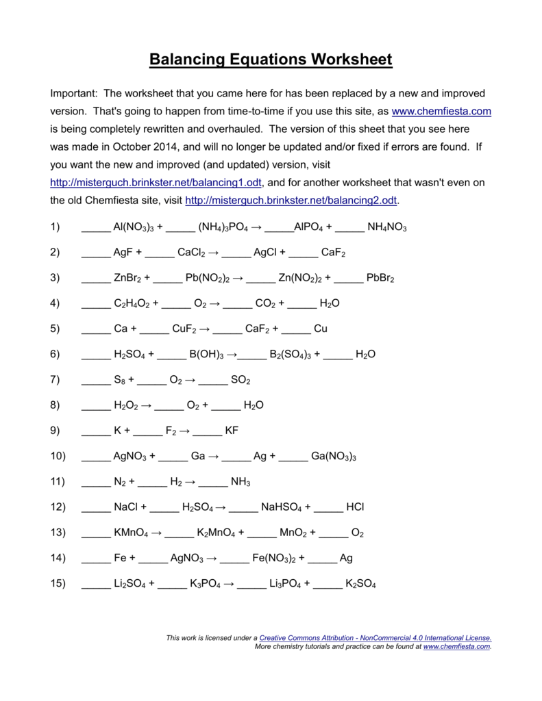 Balancing Chemical Equations Worksheet Chemistry Practice