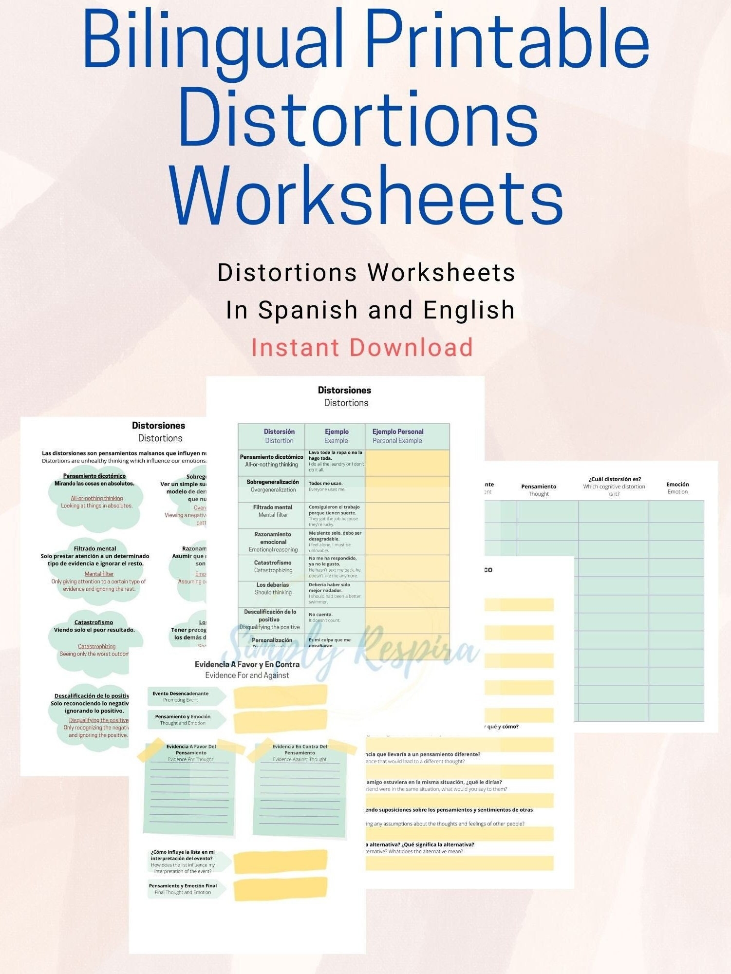 Bilingual Cognitive Distortions Worksheet DBT CBT Worksheets Self help Spanish english Worksheets Spanish Dbt cbt Worksheets Etsy Israel