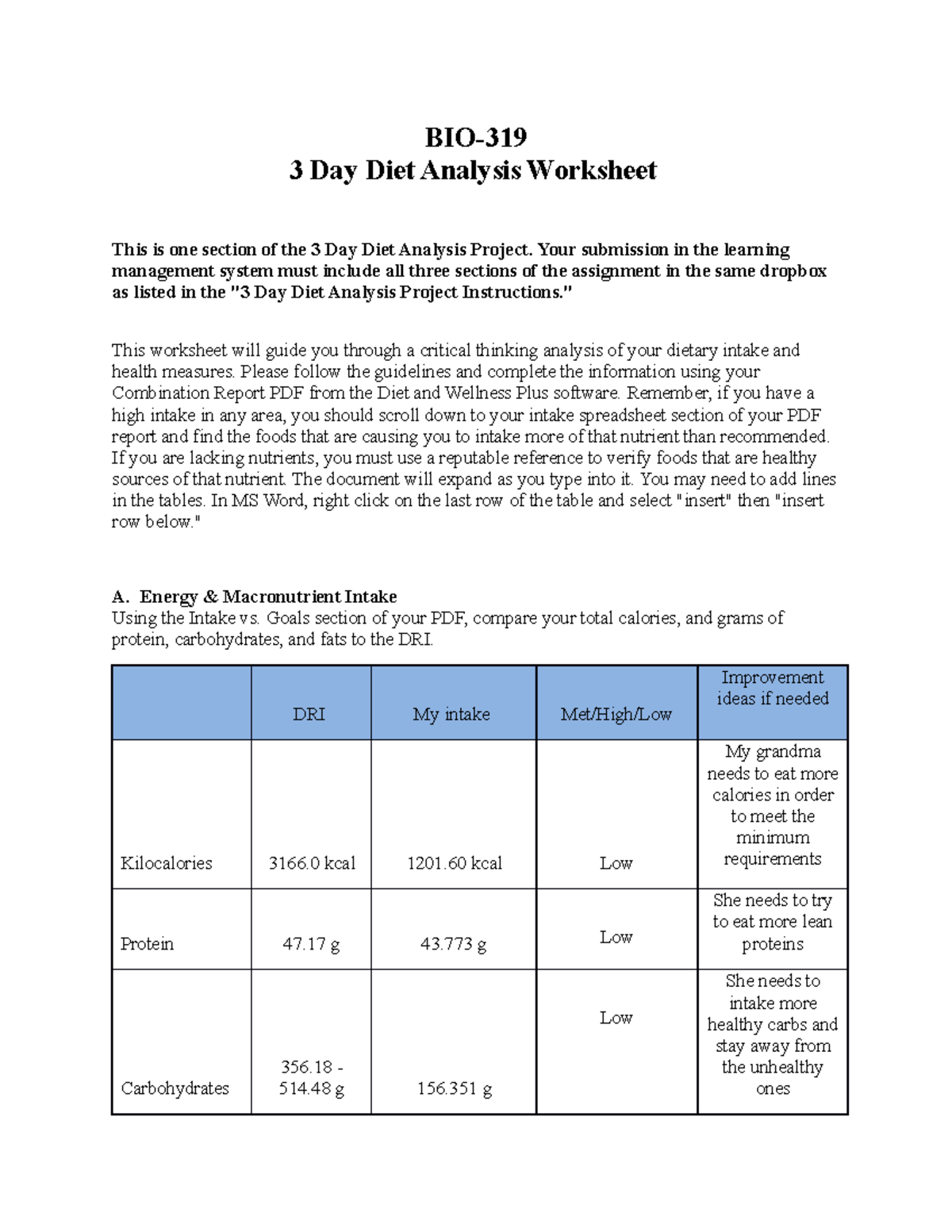 BIO 319 3 Day Diet Analysis Project Worksheet And Insights Studocu