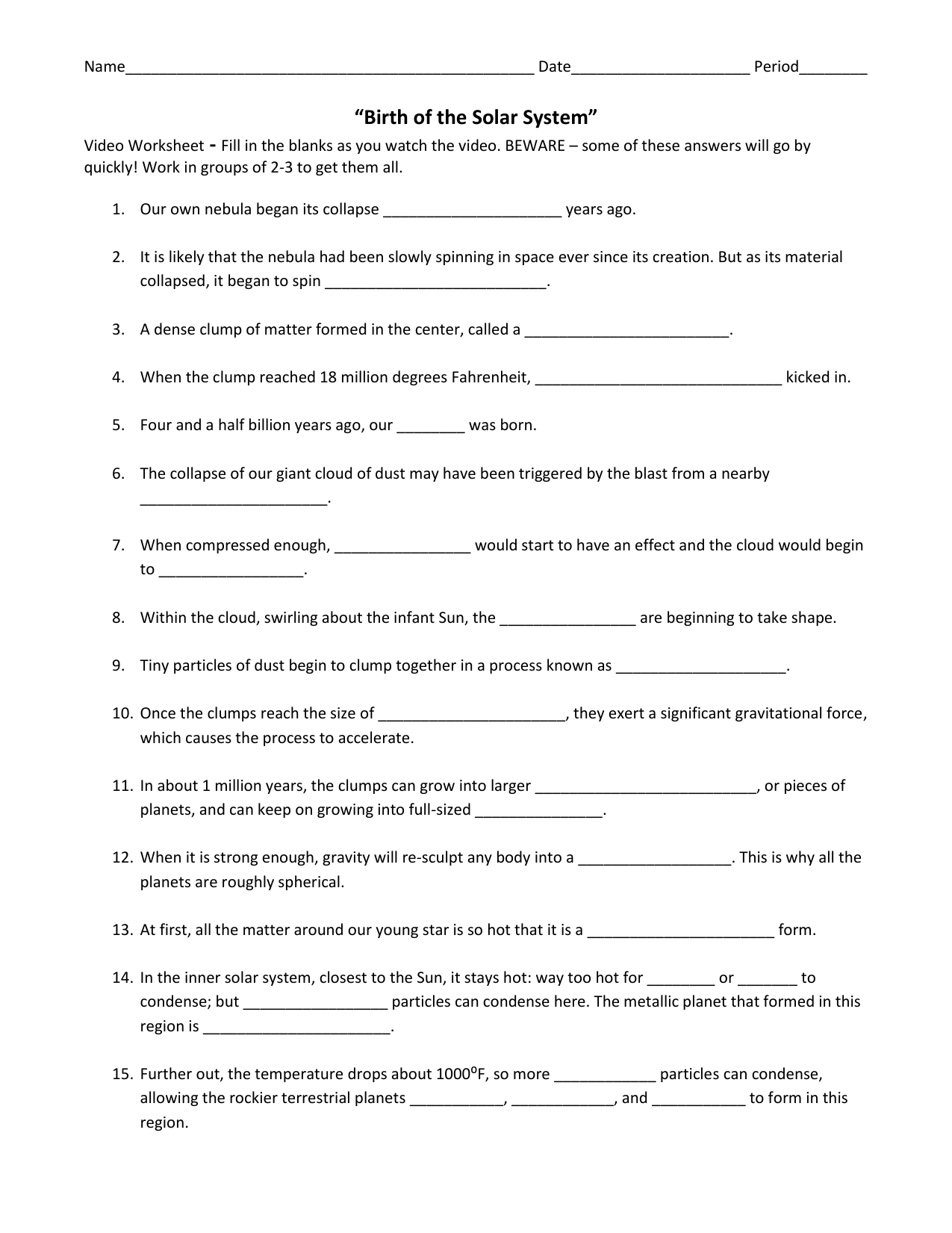 Birth Of The Solar System Video Worksheet