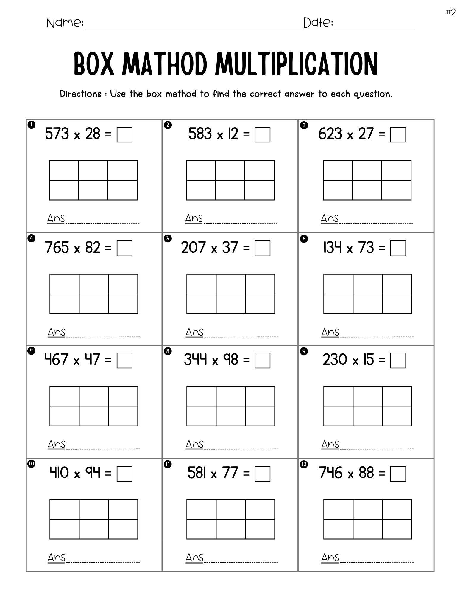 Box Method Multiplication Area Model 3 Digit By 2 Digit Math Worksheets Etsy