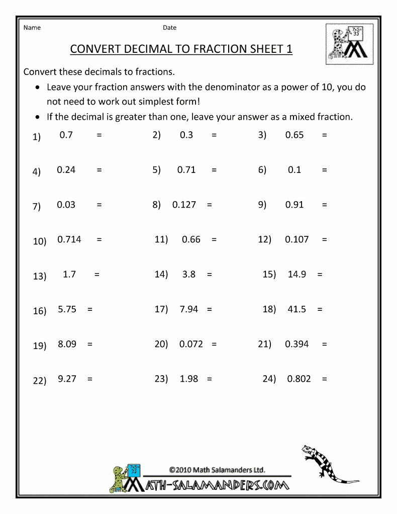fractions to decimals worksheet