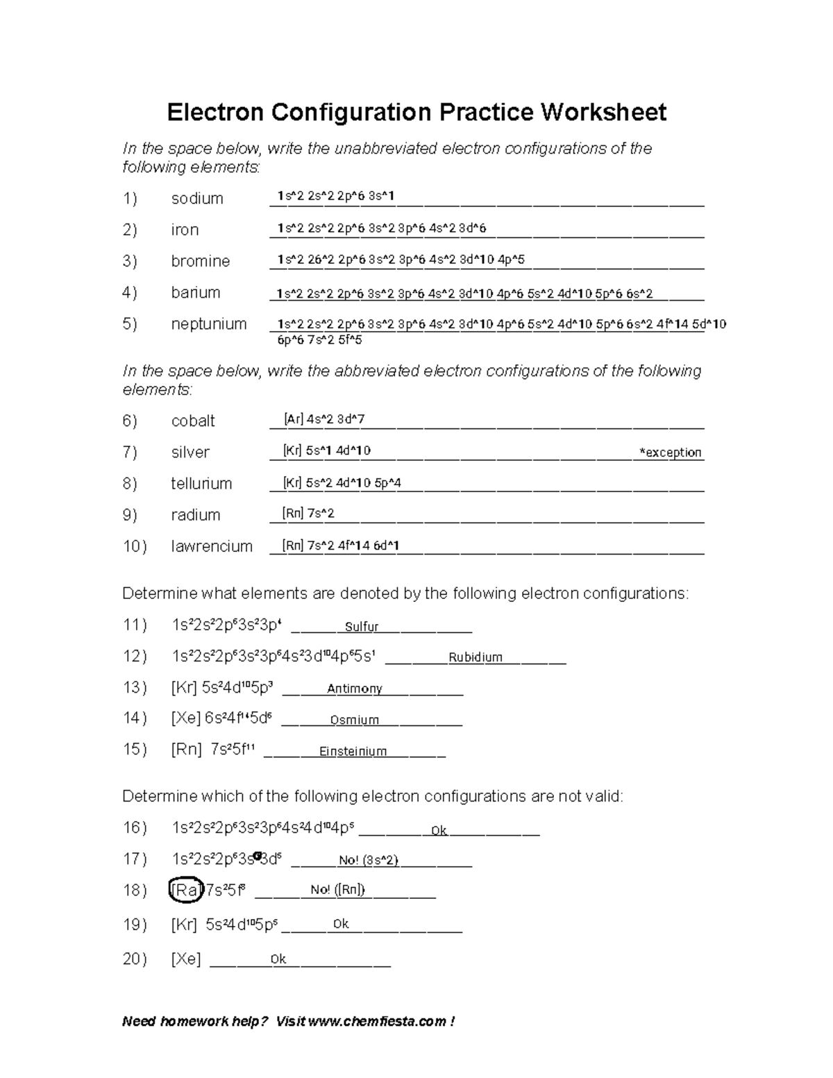 Chem 101 Electron Configuration Practice Worksheet And Solutions Studocu