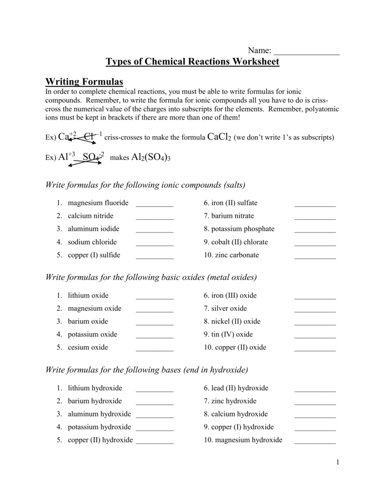 Chemical Reactions Worksheet Formulas Types