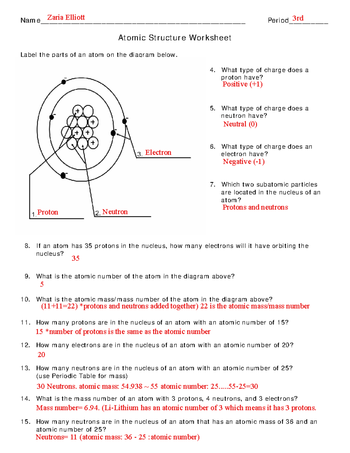 Chemistry 1 WK 2 Atomic Structure Worksheet Answers Studocu
