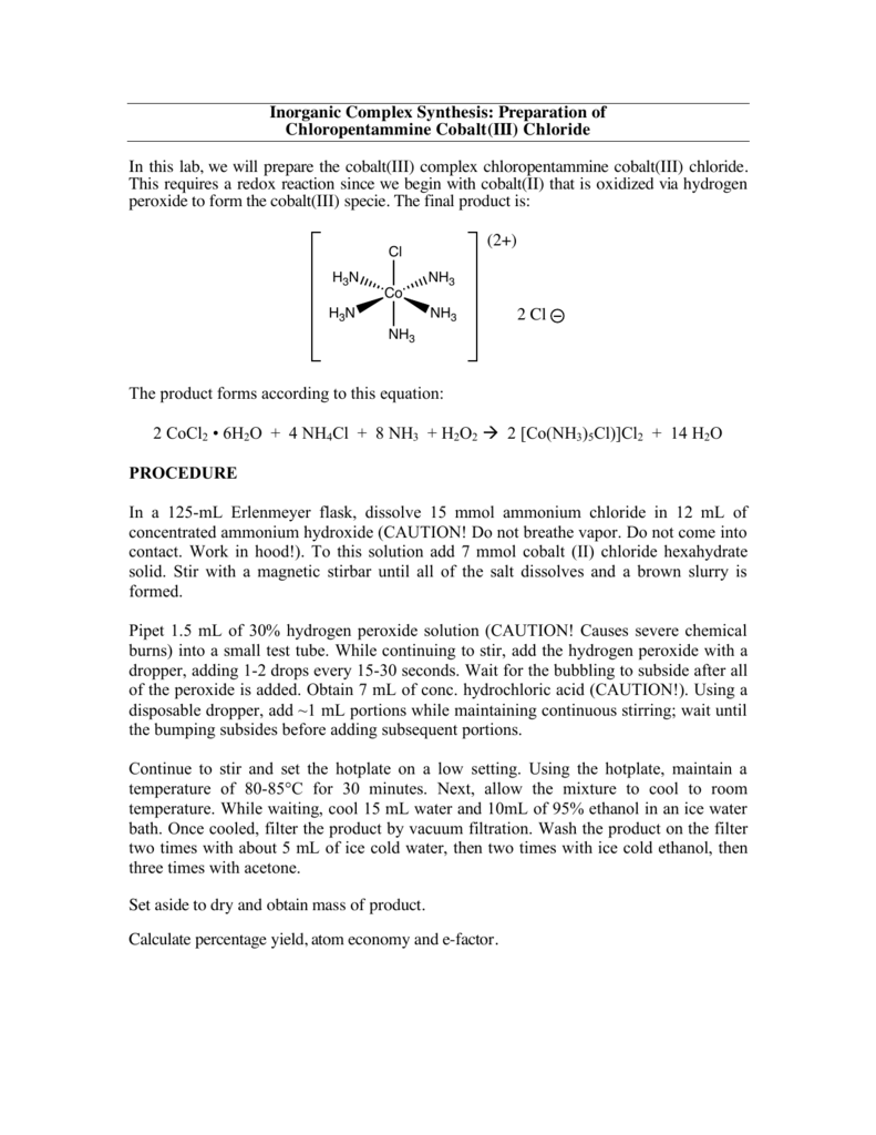 Chloropentammine Cobalt III Chloride Synthesis Lab Chloropentammine Cobalt III Chloride Synthesis Lab