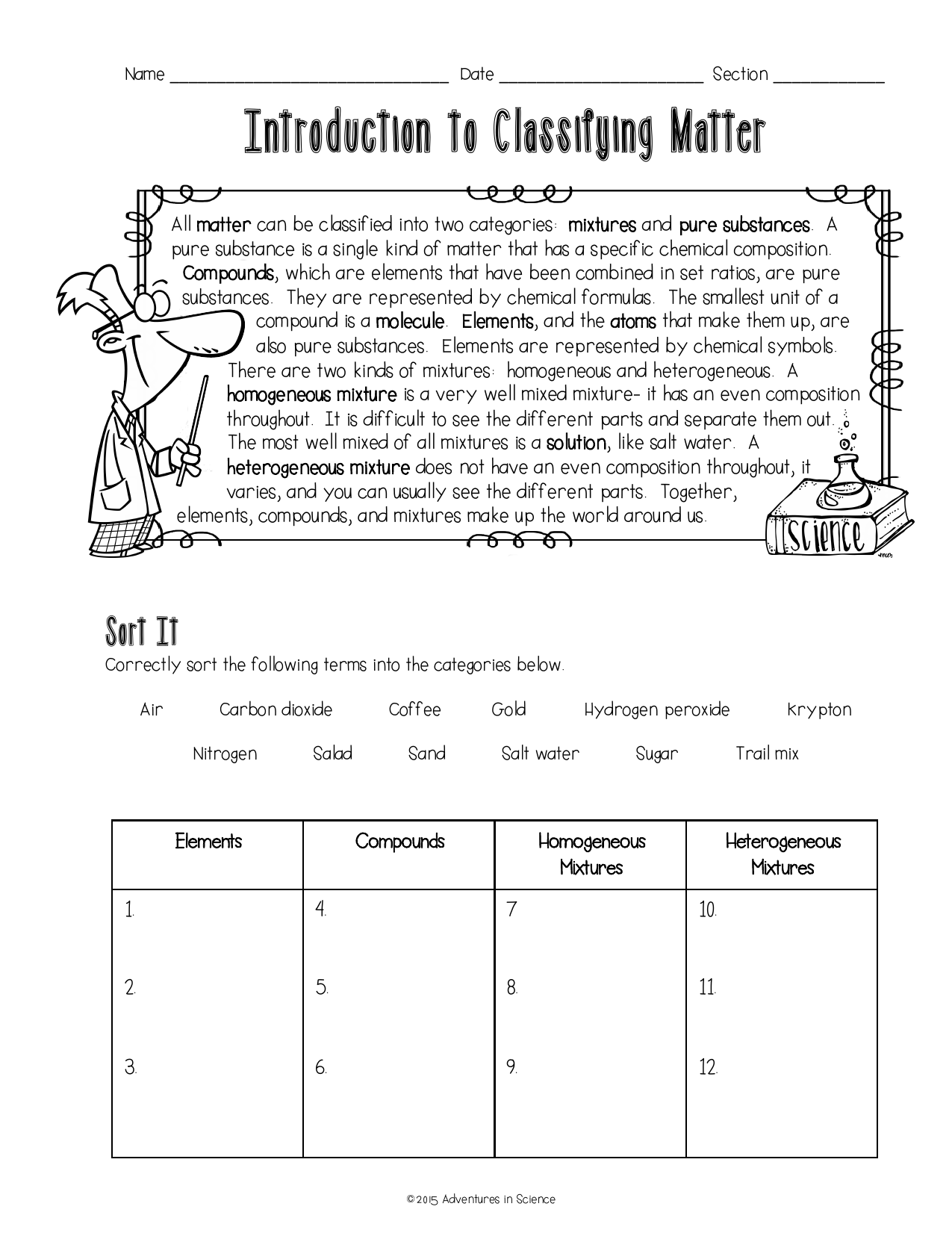 Classifying Matter Mixtures Pure Substances Worksheet