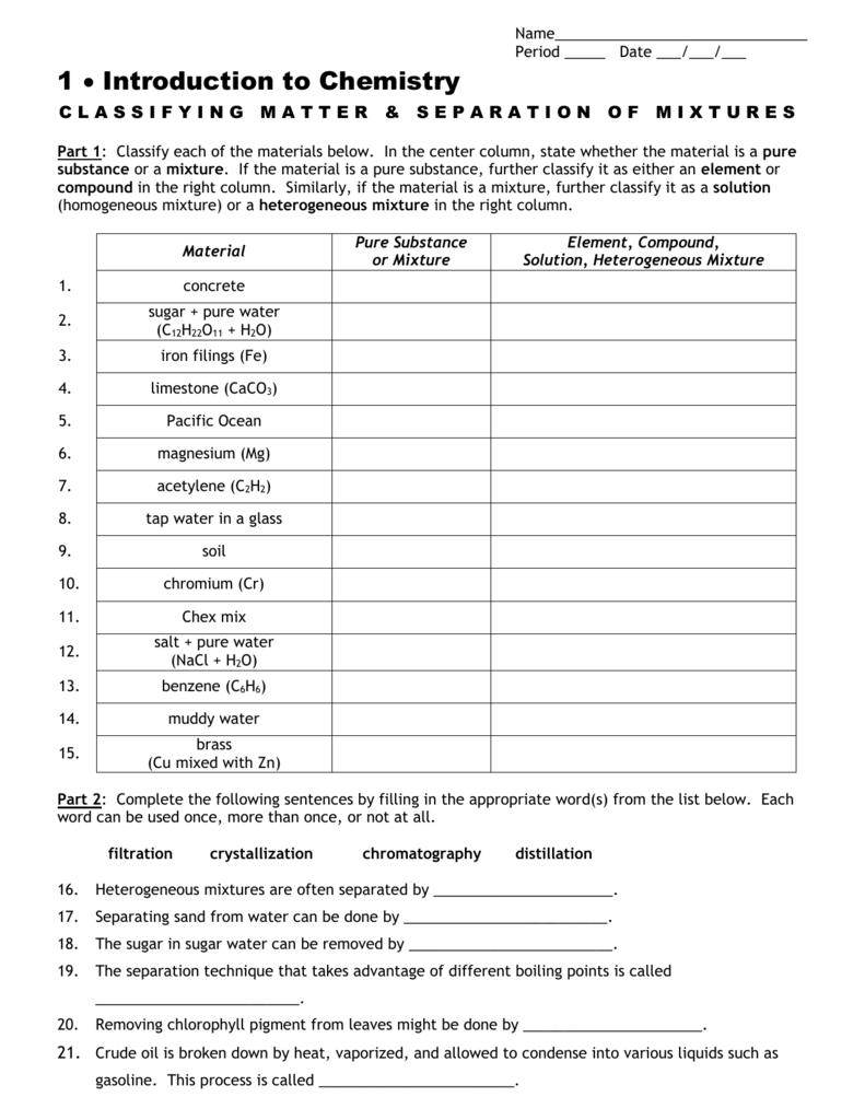 classification of matter worksheet