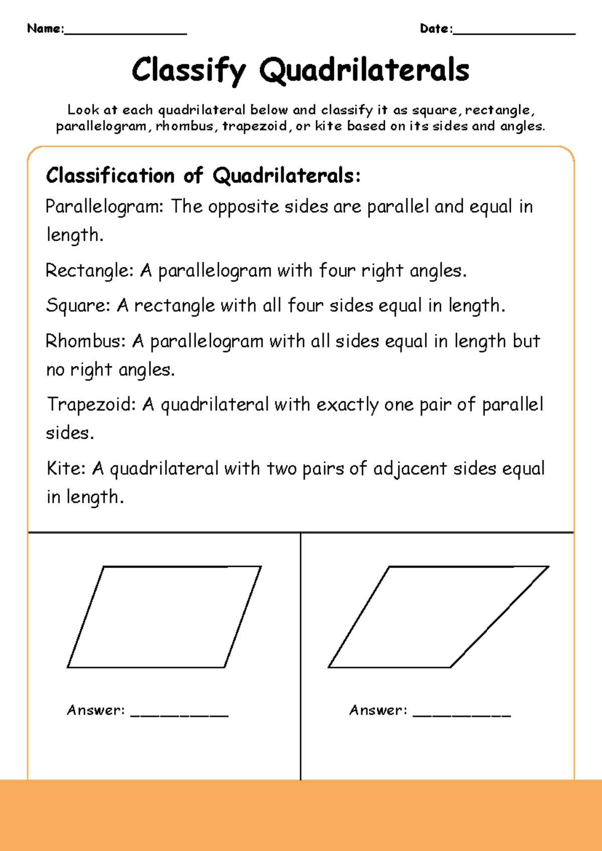 classifying quadrilaterals worksheet