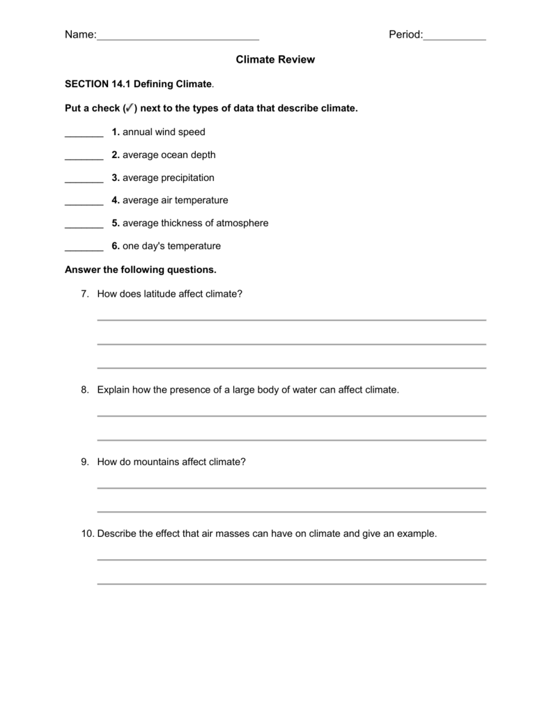 Climate Review Worksheet Understanding Earth s Climate