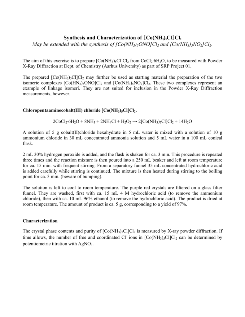 Co NH3 5Cl Cl2 Synthesis Lab Protocol Characterization Co NH3 5Cl Cl2 Synthesis Lab Protocol Characterization